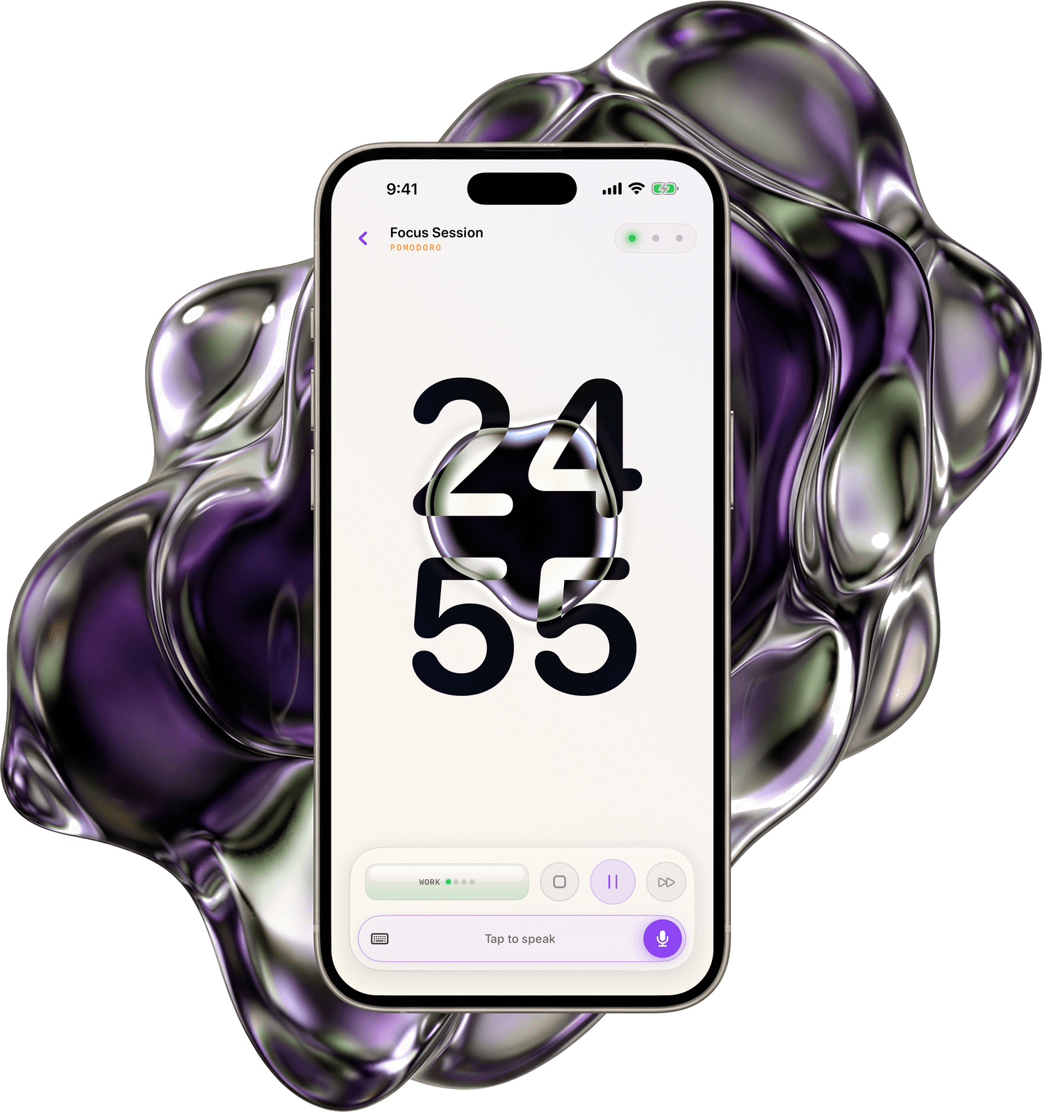 Ferro on iPhone: a Pomodoro focus session at 24:55, the ferrofluid blob wrapped around the phone