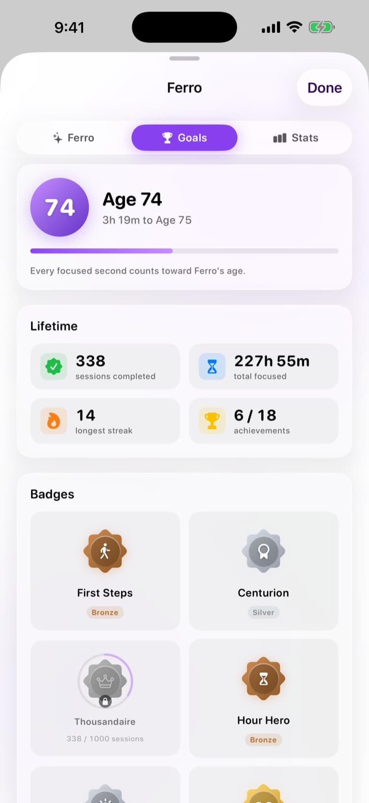 Ferro badges screen with achievements and Ferro's age
