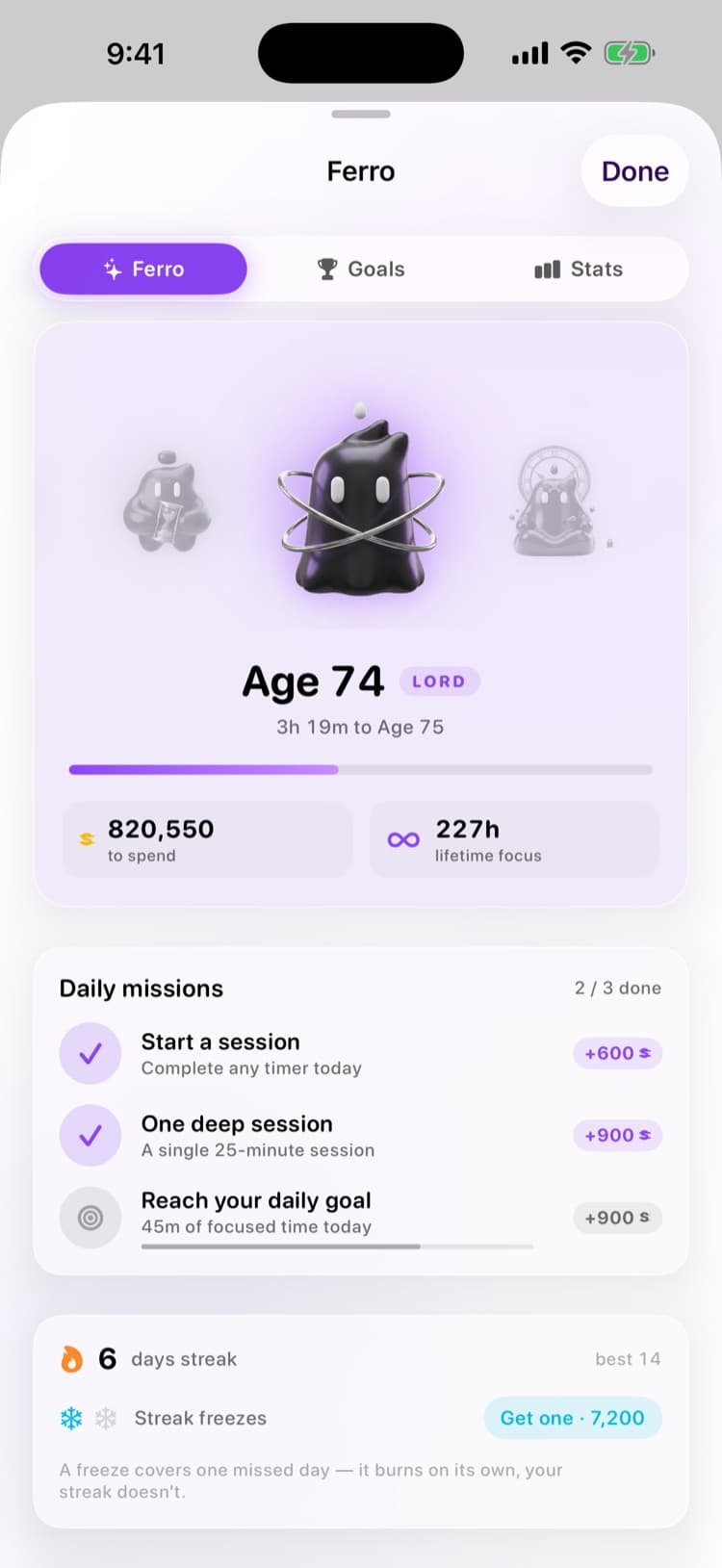 Ferro daily missions screen with rewards and streak freezes