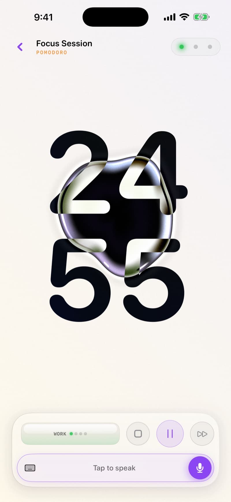 Ferro focus session running, the ferrofluid blob weaving through the countdown digits
